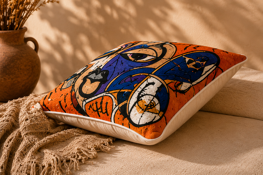 Coussin Brodé Kashmi — Âme Cubiste · Pièce Unique