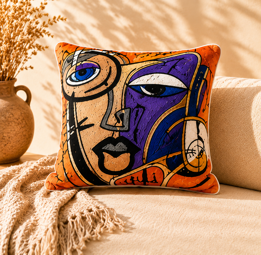 Coussin Brodé Kashmi — Âme Cubiste · Pièce Unique