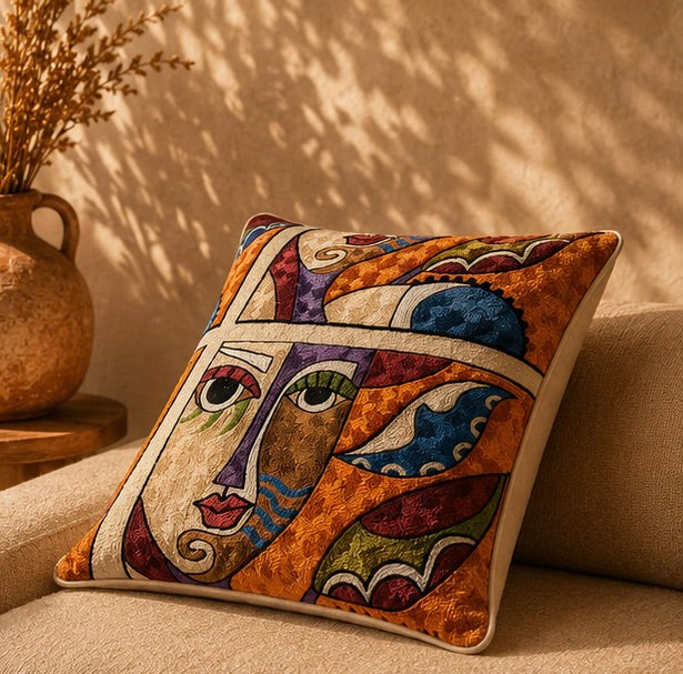 Coussin Brodé Kashmi — Double Regard · Pièce Unique