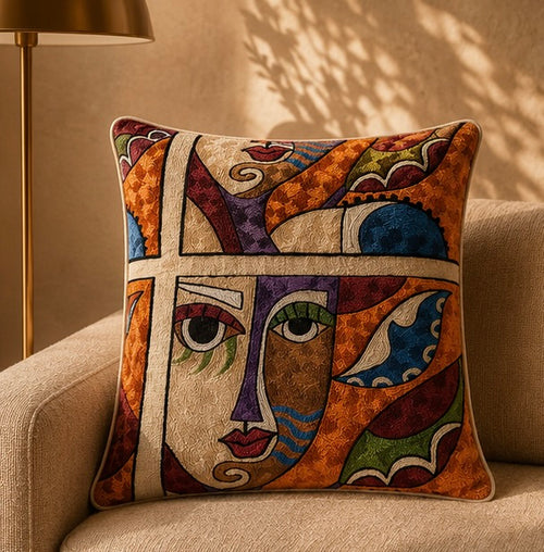 Coussin Brodé Kashmi — Double Regard · Pièce Unique