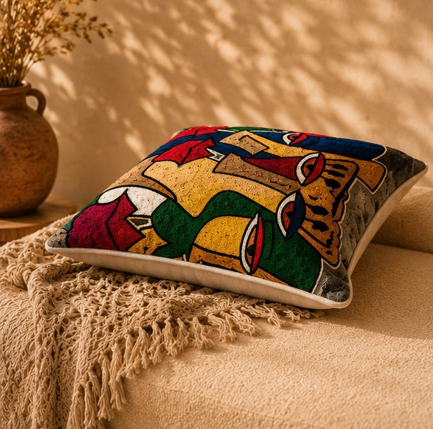 Coussin Brodé Kashmi — Visages Entrelacés · Pièce Unique