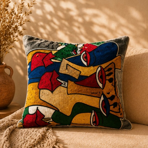 Coussin Brodé Kashmi — Visages Entrelacés · Pièce Unique