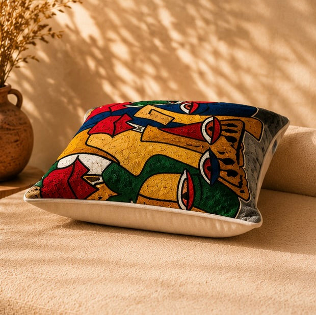 Coussin Brodé Kashmi — Visages Entrelacés · Pièce Unique