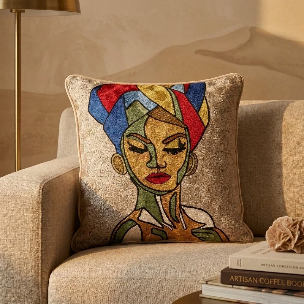 Coussin Brodé Kashmi — Femme au Turban · Pièce Unique